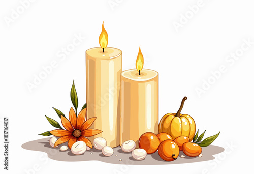 Elegant Autumn Candle Arrangement with Pumpkins and Flowers Evokes Warm Seasonal Ambiance for Cozy and Serene Home Decor Inspiration