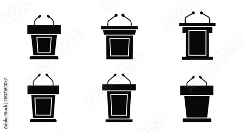 Six black silhouette icons depicting podiums with microphones for public speaking