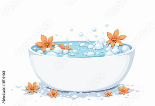 Illustration of a Relaxing Bubble Bath with Orange Flowers in a Simple White Basin for Home Spa or Self-Care Inspiration and Relaxation Ambiance