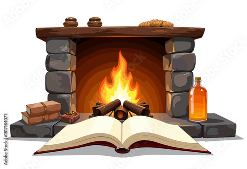 Cozy Fireplace Scene Featuring an Open Book, Crackling Fire, Wooden Mantel, and Rustic Decor Items for Warm Seasonal Ambiance and Relaxation