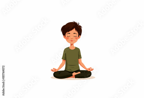 Illustration of a Young Child Practicing Meditation in a Peaceful Sitting Pose with Eyes Closed and Relaxed Posture on a White Background