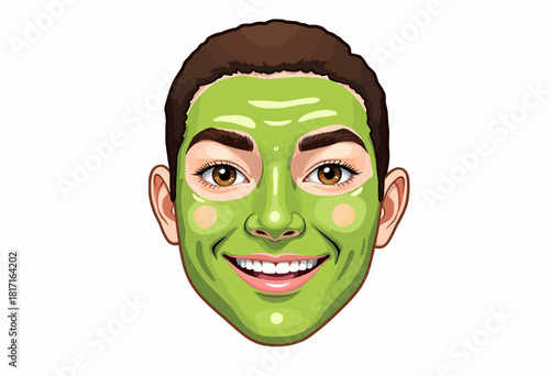 Illustration of a smiling person with a vibrant green facial mask, conveying a mood of relaxation and skincare self-care, set against a simple white background