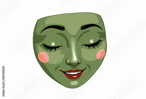 Illustration of a Green-Toned Female Face with Delicate Features and Blushing Cheeks Displaying a Tranquil Expression and Subtle Makeup Accents