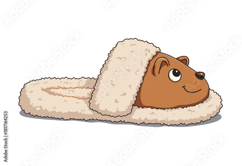 Illustration of a cozy bear-themed fluffy slipper with a smiling bear face design, featuring warm fuzzy textures for comfort and style in the home
