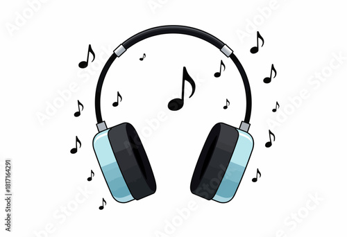 Illustration of modern wireless headphones with surrounding musical notes representing vibrant sound and immersive audio experience