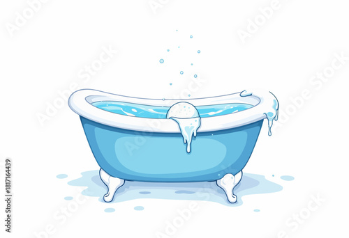 Illustration of a Blue Bathtub with Overflowing Water Featuring Splashing Droplets and a Smooth, Classic Design on a Clean Background