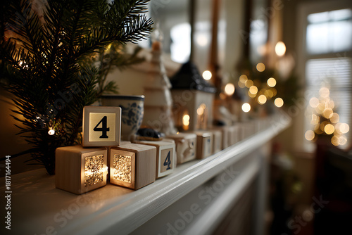 Cozy Christmas advent calendar with glowing lights on a mantelpiece, celebrating the festive season.