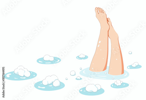 Illustration of Relaxing Bath Time with Legs Submerged in Blue Water and Soft Foam Bubbles Creating a Calming and Peaceful Experience