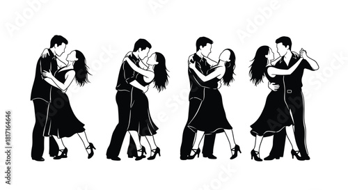 Silhouettes of couples dancing showing the progression of a ballroom dance
