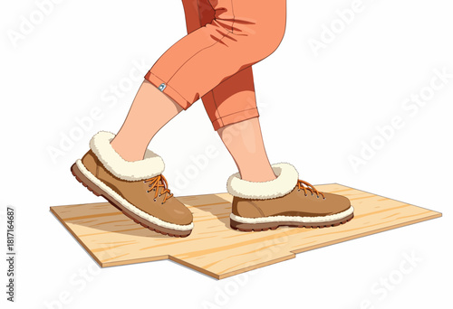 Cozy Brown Shearling Boots with Orange Laces Stepping on Wooden Floor Wearing Orange Pants in Relaxed Casual Style