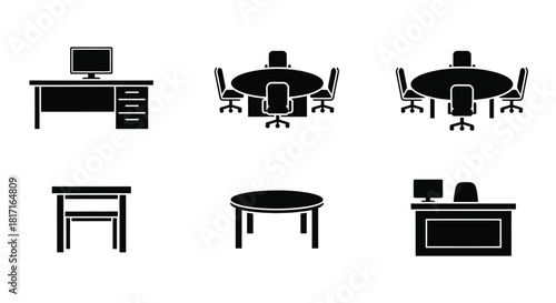 Simple black office furniture icons for desks chairs and tables