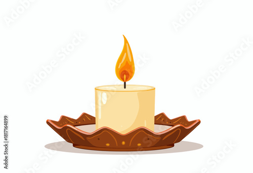 Illustration of a Lit Candle on a Decorative Holder with Gentle Glow against a Clean White Background, Emphasizing Warmth and Serenity in a Minimalist Setting