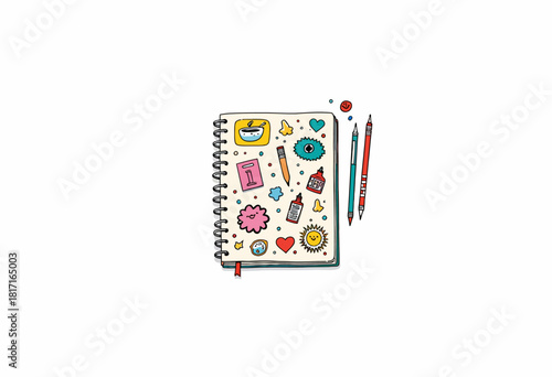 Colorful Illustrated Notebook Page with Fun Doodles and Two Pencils on a White Background Elevating Everyday Stationery into a Creative Canvas