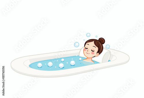 Serene Cartoon Illustration of a Person Relaxing in a Luxurious Bubble-Filled Bathtub with Peaceful Expression and Floating Bubbles Around
