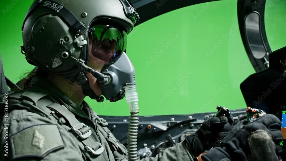 Professional fighter jet pilot wearing helmet and oxygen mask sitting ...