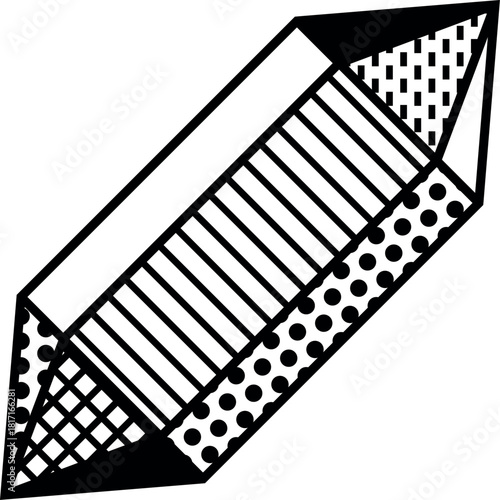 A black and white drawing of a crystal with a white background