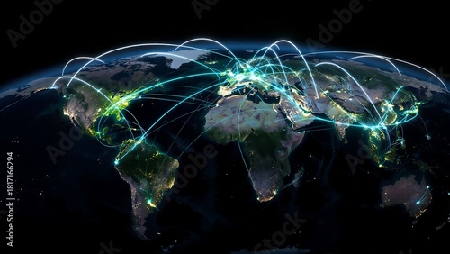 Global network connecting the world, fostering communication and technology access around the planet with vibrant glowing lines