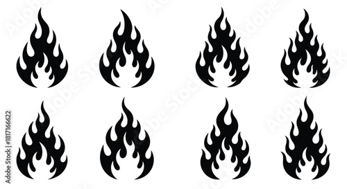 Eight black flame designs arranged in a grid on a white background