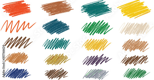 Colorful crayon strokes isolated on white background create a vibrant and playful texture, perfect for adding a touch of whimsy to any design project