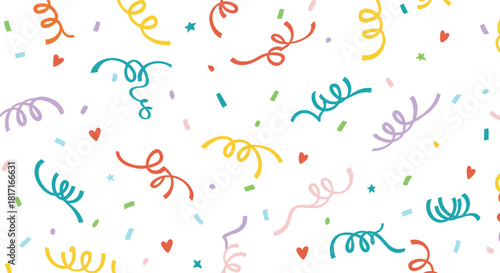 Colorful confetti and streamers pattern on a white background, perfect for celebrations, parties, and festive occasions isolated on white background