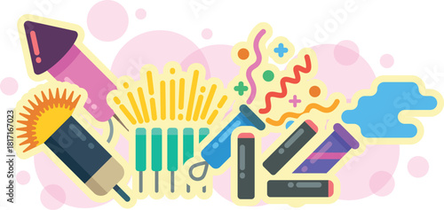 A colorful and fun image of fireworks and other party items