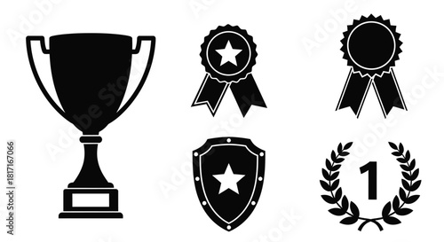 Black silhouettes of a trophy rosettes shield and laurel wreath