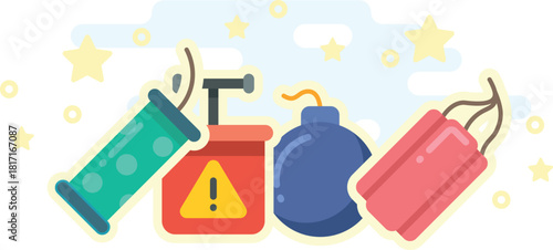 A cartoon of a bomb and a fire extinguisher with a red