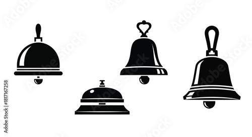 Collection of black silhouette icons depicting various styles of bells