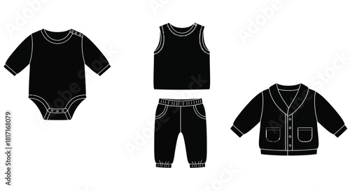 Black and white outline illustration of various baby clothing items