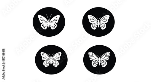 Four black circles each containing a white butterfly illustration