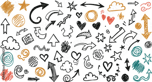 Handdrawn doodle elements featuring arrows, hearts, stars, and clouds, creating a playful and whimsical design isolated on white background