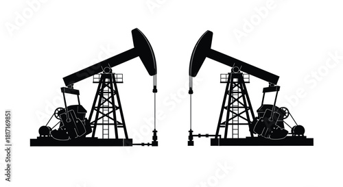 Silhouette of two oil pumps against a white background industrial scene