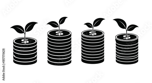 Growing wealth money stacks with sprouting leaves represent financial growth