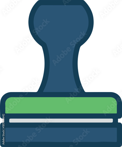 A simple, stylized illustration of a blue and green rubber stamp with a thick handle.