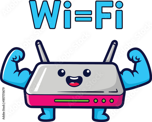 Cartoon Wi-Fi router character flexing biceps with a happy face on transparent background