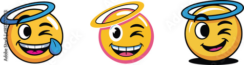 Set of three cute cartoon winking emoji with halo expressions, vector illustration