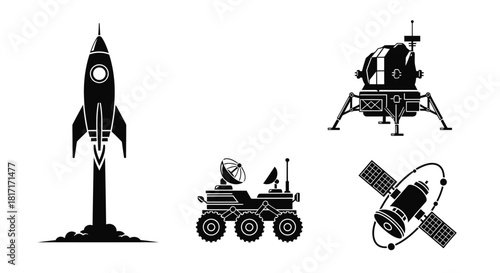 Space exploration icons showing a rocket lander rover and satellite