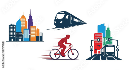 Urban transportation icons showcase a modern city with diverse transit options