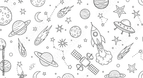 Seamless space pattern with planets, stars, rocket, satellite, comet, ufo, constellation isolated on white background hand drawn doodle sketch style
