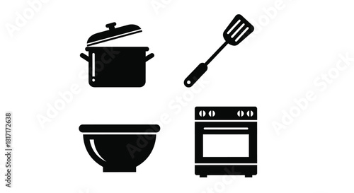 Black silhouette icons depicting cooking utensils and kitchen appliances