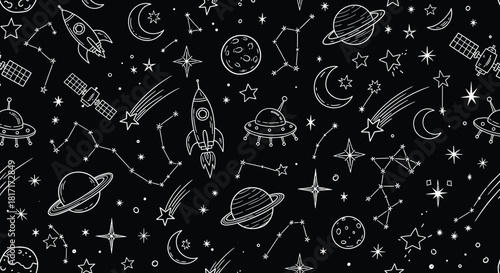 Cosmic voyage a whimsical black and white pattern of celestial wonders, featuring rockets, planets, stars, constellations, and ufos in a handdrawn style