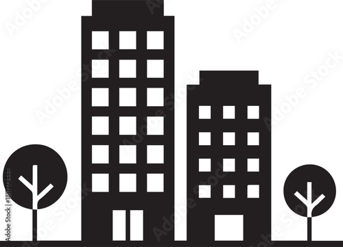 building silhouette apartment block icon with trees and windows