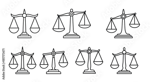 A set of simple black and white line drawing justice scales illustrations