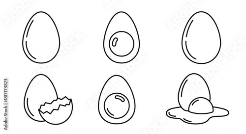 Simple line drawings depicting eggs in various stages of cracking and peeling