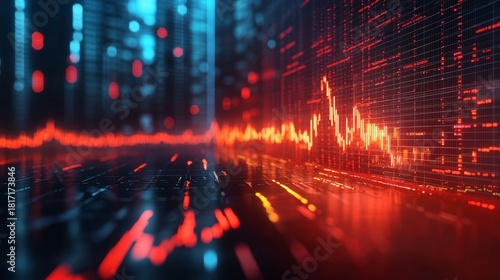 Abstract Financial Data Visualization with Red Stock Market Chart and Blue Digital Background for Business Analysis and Economic Forecasting