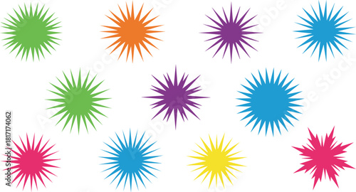 A vibrant collection of starbursts isolated on white background, each radiating with unique color and energy, creating a dynamic and eyecatching display