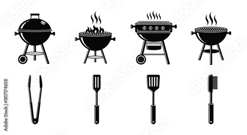 Black and white illustration of various barbecue grills and grilling tools