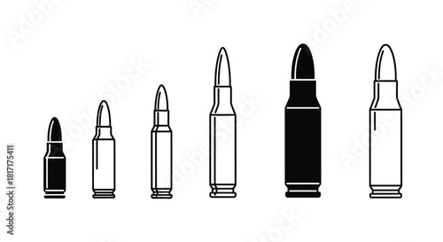 A collection of different shaped bullets in a black and white illustration