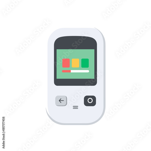 A sleek modern glucometer with a green screen and colored indicators for glucose monitoring levels