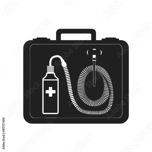Emergency airway kit illustrated with a bottle, coiled tubing, and laryngoscope inside a black case
